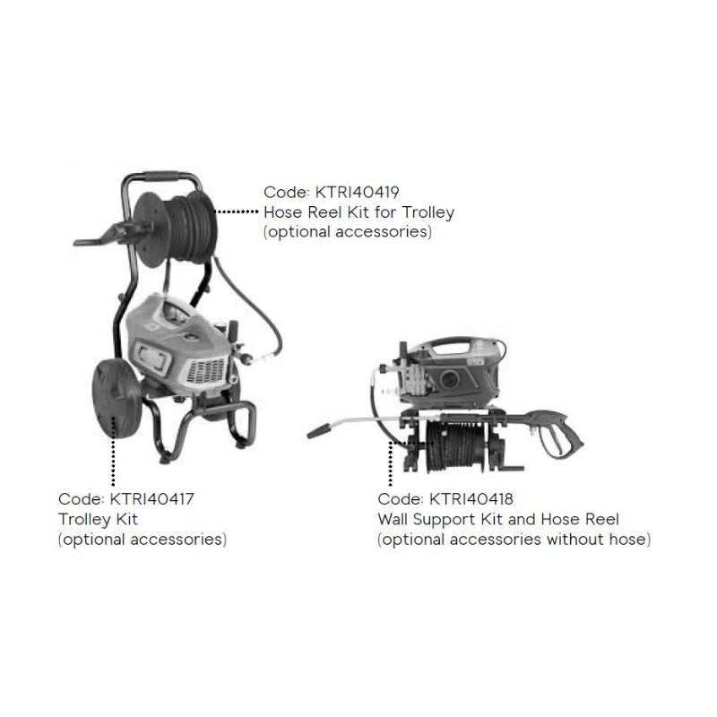 Diagram of Jetwave Redback pressure washer accessories including hose reel kit, trolley kit, and wall support kit on a white background.